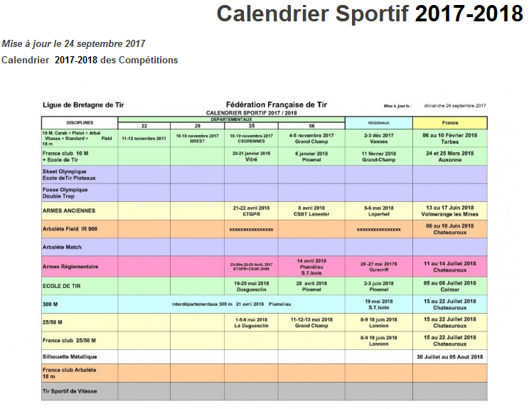 Calendrier Prov Competition Ligue regionale de Tir de Bretagne