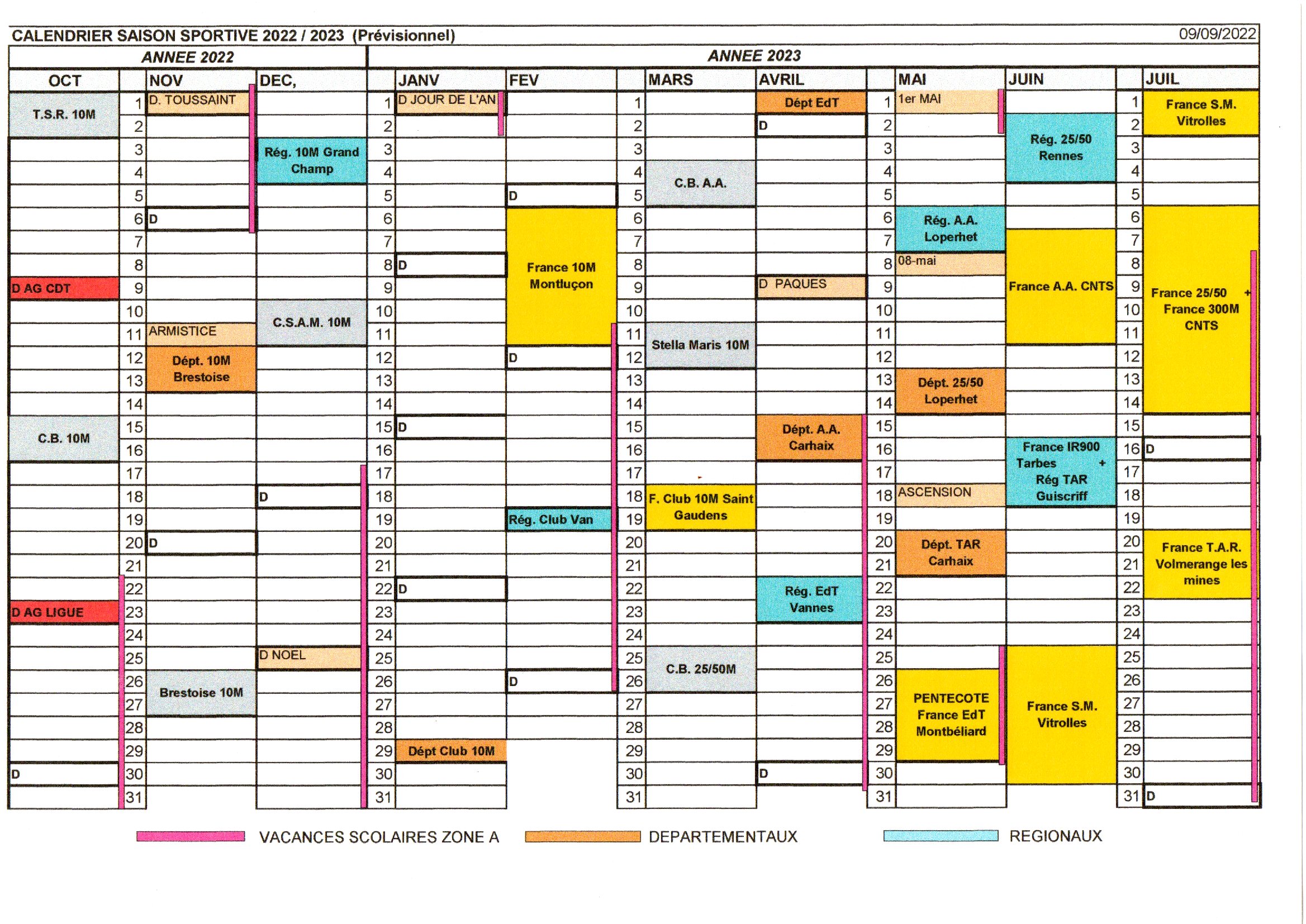 CALENDRIER SAISON SPORTIVE 2022/2023